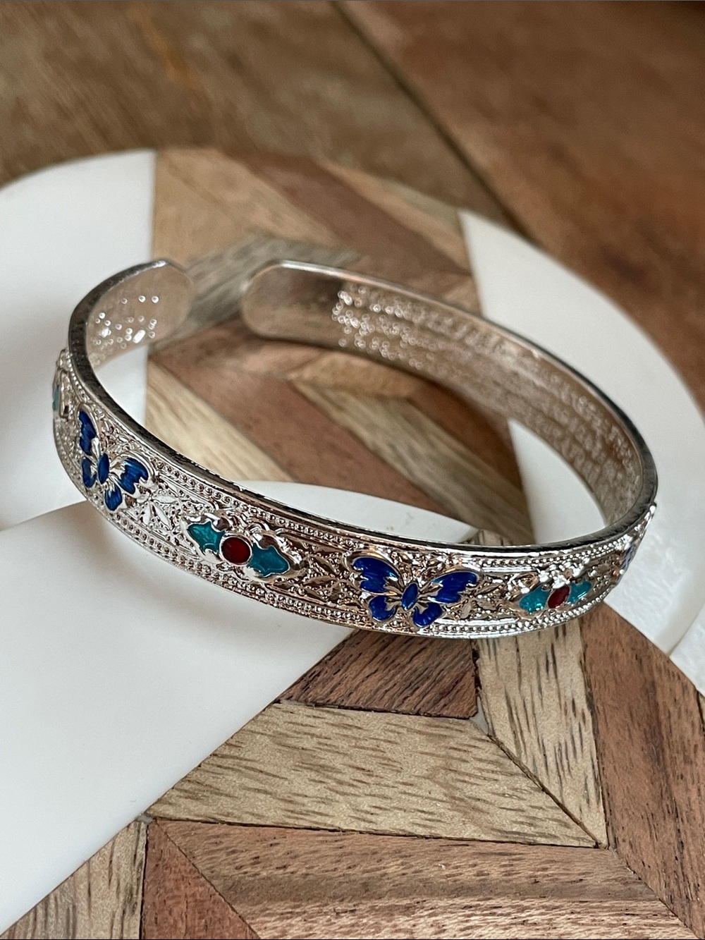 Silver-Tone Butterfly Cuff Bracelet with Blue and Teal Enamel